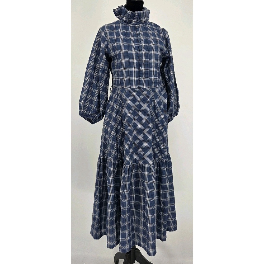 Sue Sartor Flounce Maxi Dress Small Blue Plaid Button High Neck Pockets